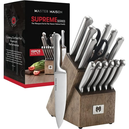 

15-Piece Premium Kitchen Knife Set With Block | Master Maison German Stainless Steel Knives With Knife Sharpener & 6 Steak Knives (Walnut)