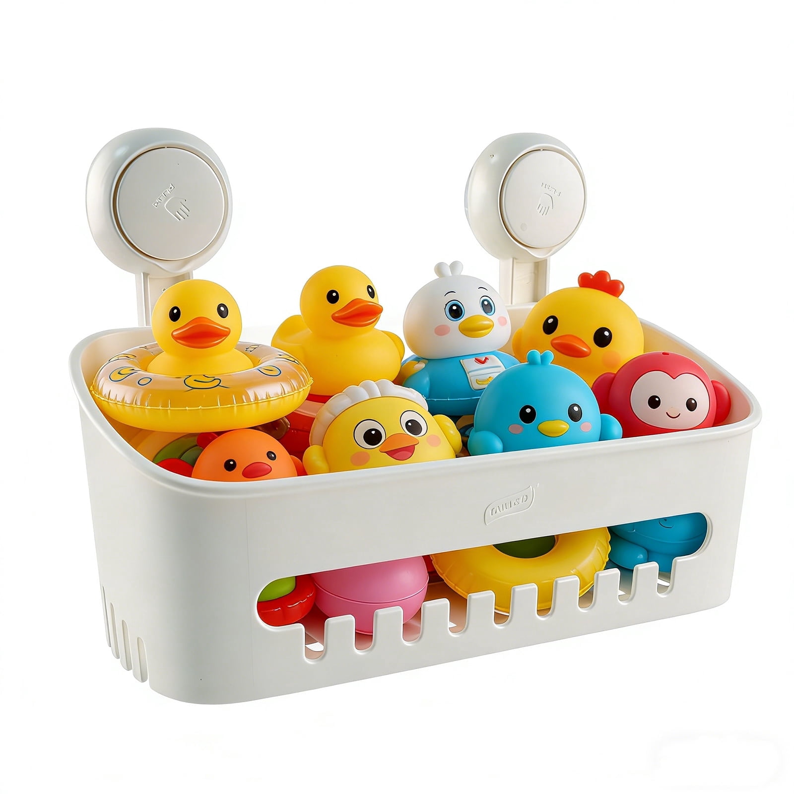 Pethiy Bath Toy Organizer with Strong Suction Cups, Quick Drainage Bath Toy Storage Basket with Hooks for Kids’ Bathroom (White)