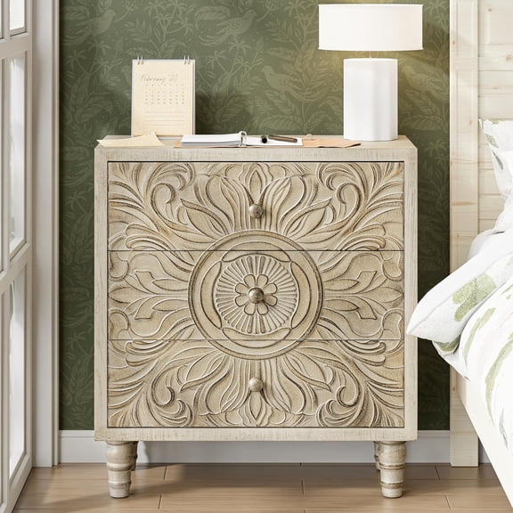 Farmhouse 3 Drawer Dresser with Embossed Flower Motif Front, Distressed Boho Nightstand, Almost Fully Assembled, Rustic, French Country, Weathered White