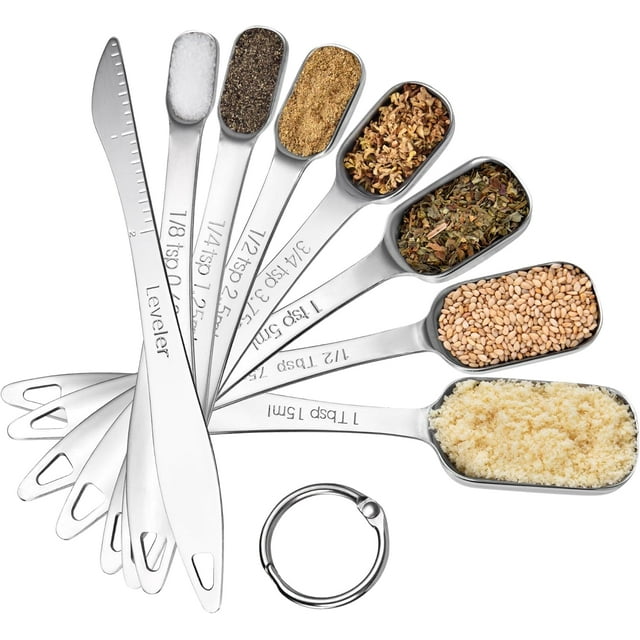 U-Taste Narrow Square Measuring Spoons: 18/8 Stainless Steel Kitchen Measure Teaspoon Tablespoon with Leveler, Polygon Rectangular Metal Jar Scoop for Baking Cooking, Coffee, Spice, Powder (Set of 8)