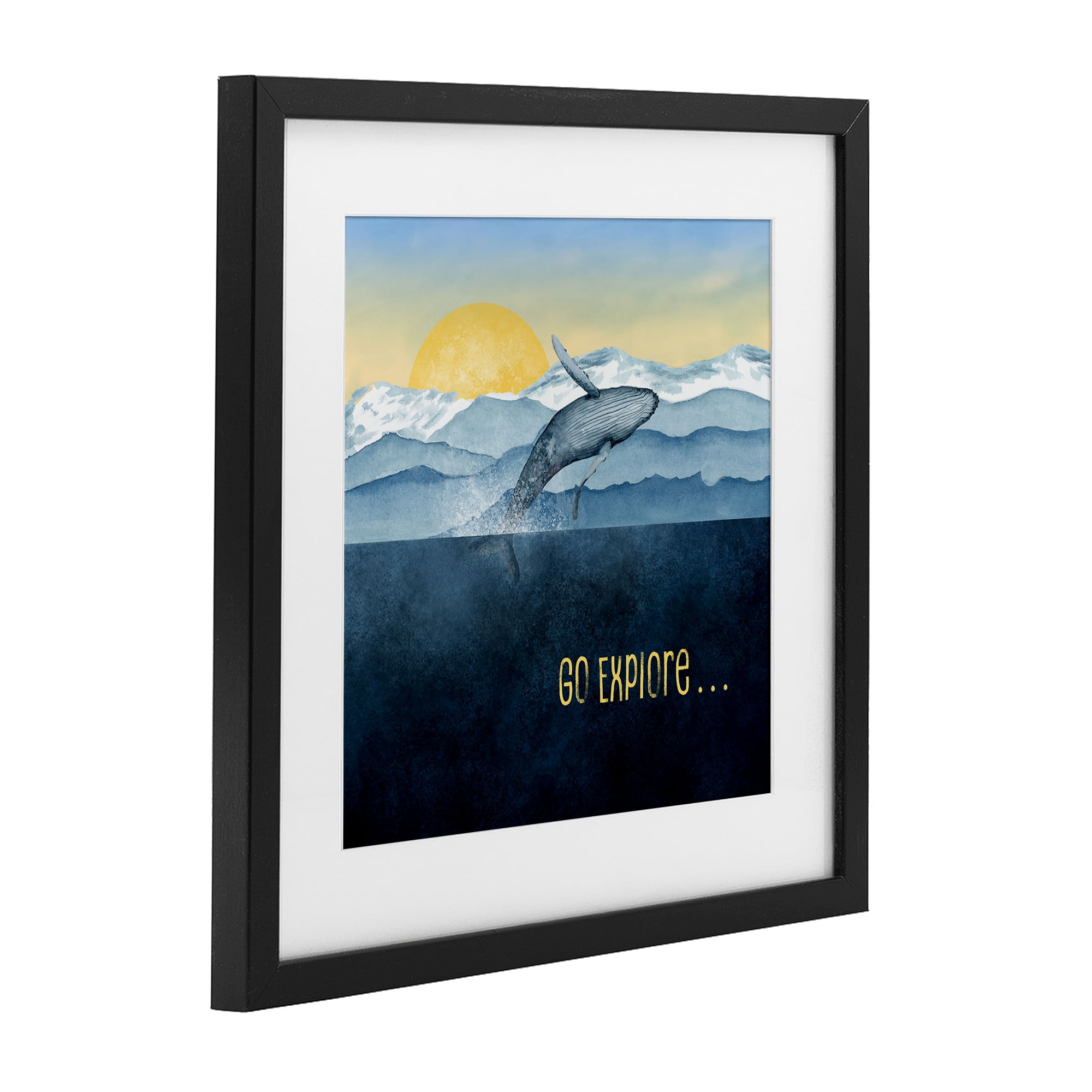 Go Explore Whale Breach Black Framed Print Under Glass, design by Brett Blumenthal
