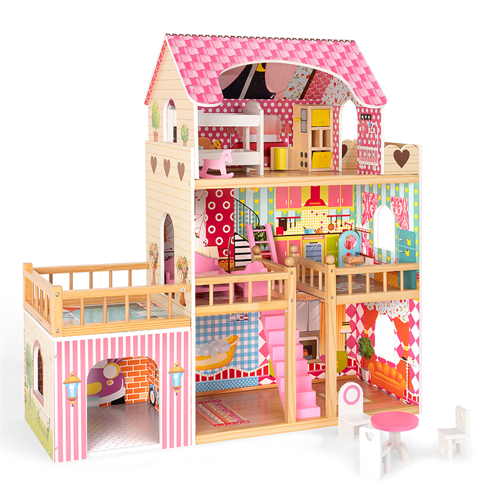 Cottage Wooden Kids Doll House With 17PCS Furnitures 3 storey Barbie Dollhouse 