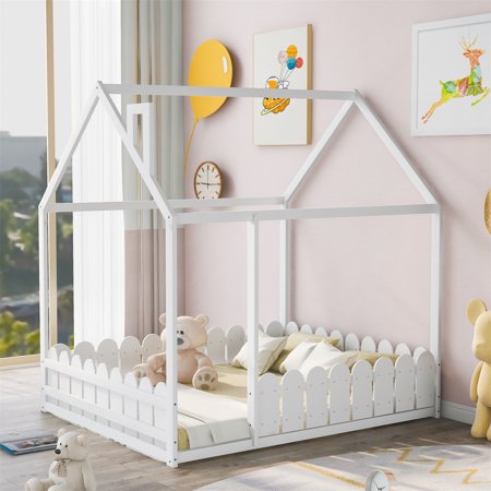 Full Size Wood Bed House Bed Frame with Fence-Shaped Guardrails  House Shape Floor Bed Frame  Floor Platform Bed with Roof for Teens Girls Boys Adults  Slats are Not Included  White