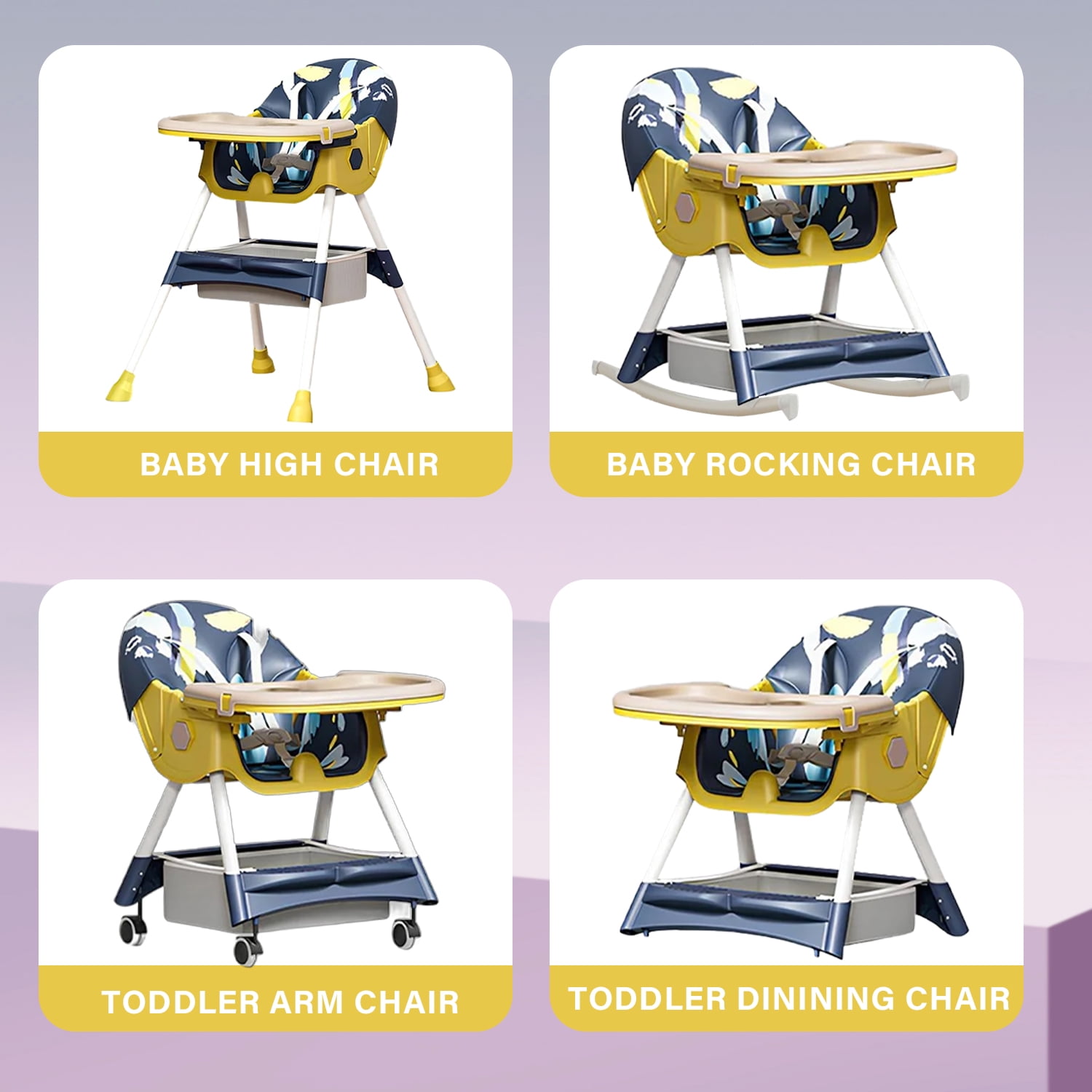 KFeng 4-in-1 Foldable Baby High Chair,Combines Play and Dining,Adjustable Dual-layer Tray and Backrest,Yellow&Blue