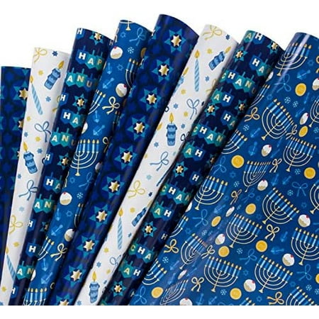 Hanukkah Wrapping Paper Sheet - Menorahs, the Star of David, Candles Chanukah Design - 1 Roll Contains 8 Sheets - 17.5 inch X 30 inch Per Sheet
