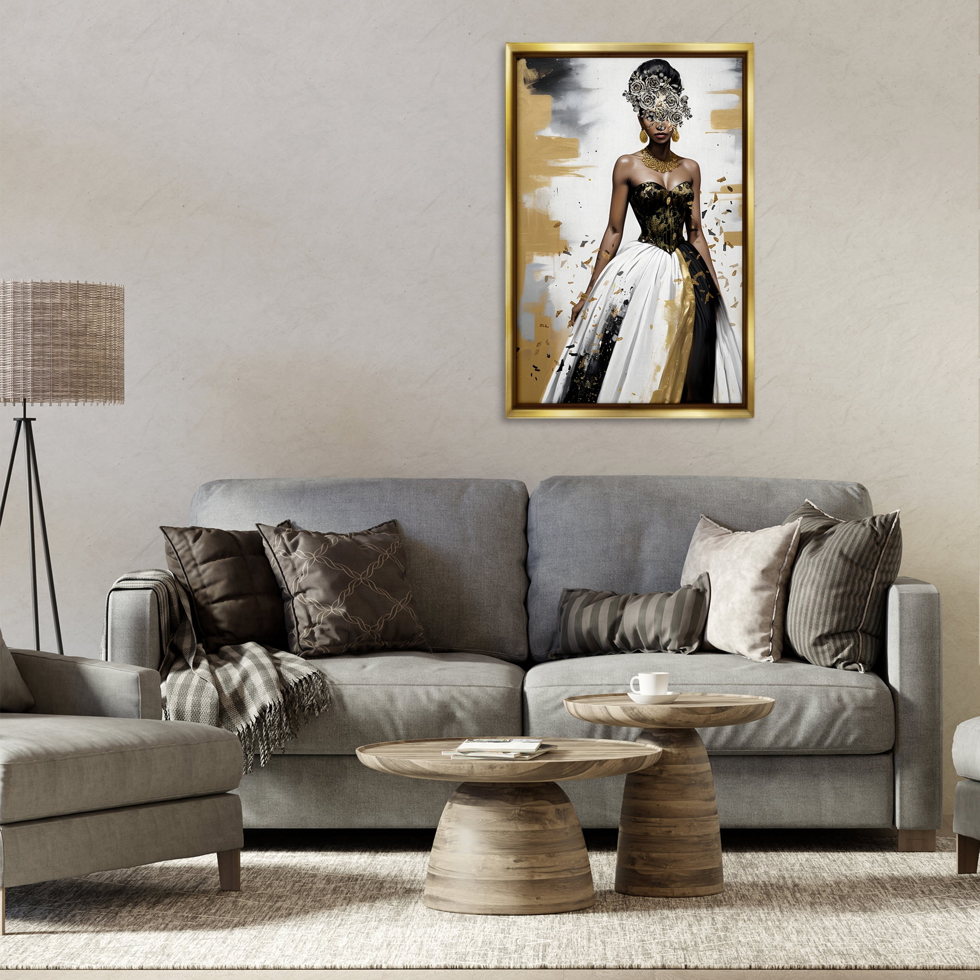 Stupell Industries Elegant Woman Beautiful Gown People Painting Gold Floater Framed Canvas Art Print Wall Art, 21 x 31