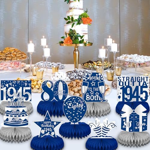 8-Piece 80th Birthday Honeycomb Centerpieces - Blue & Silver Table Decor, Cheers To 80 Years Party Supplies - View #4
