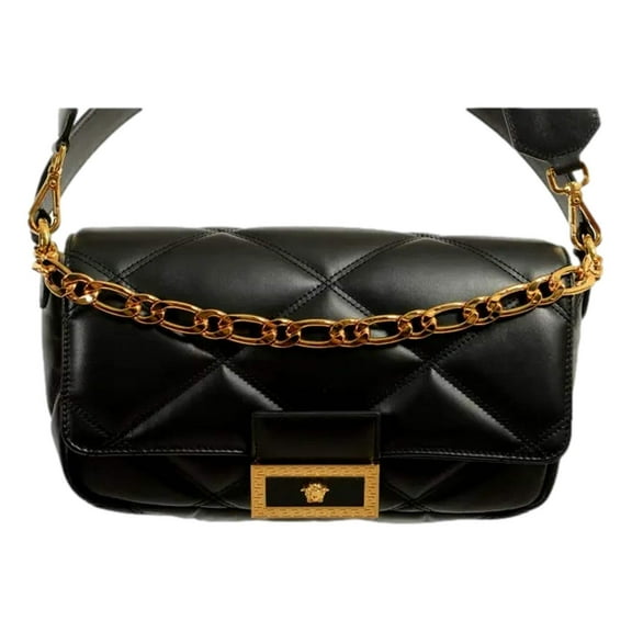 Versace La Medusa Quilted Calfskin Leather Black Crossbody Bag Gold Chain