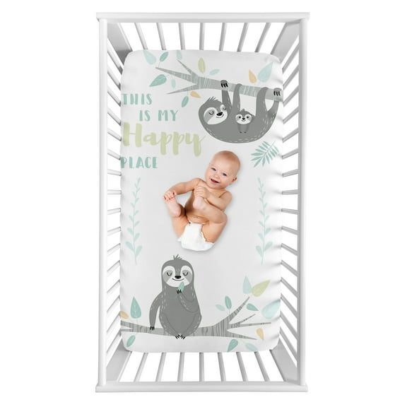 Sweet Jojo Designs Sloth Blue and Grey Photo Op Fitted Crib Sheet