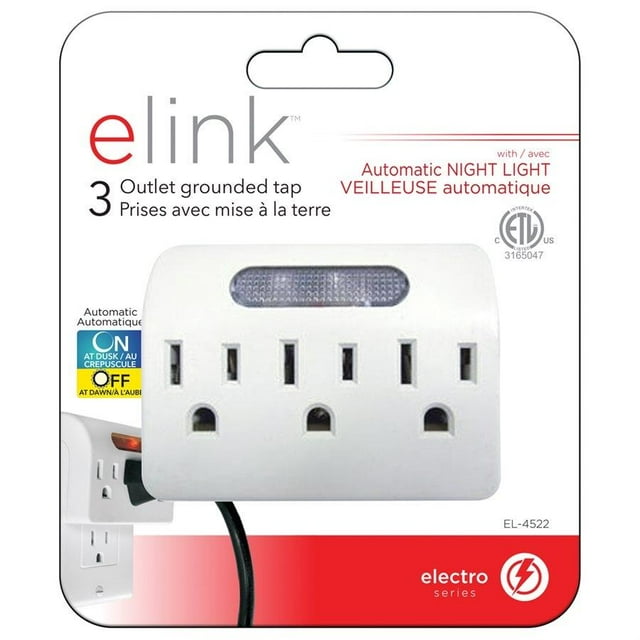 Elink EL-4522 - Multiprise Mural à 3 Prises avec Veilleuse Automatique, Blanc