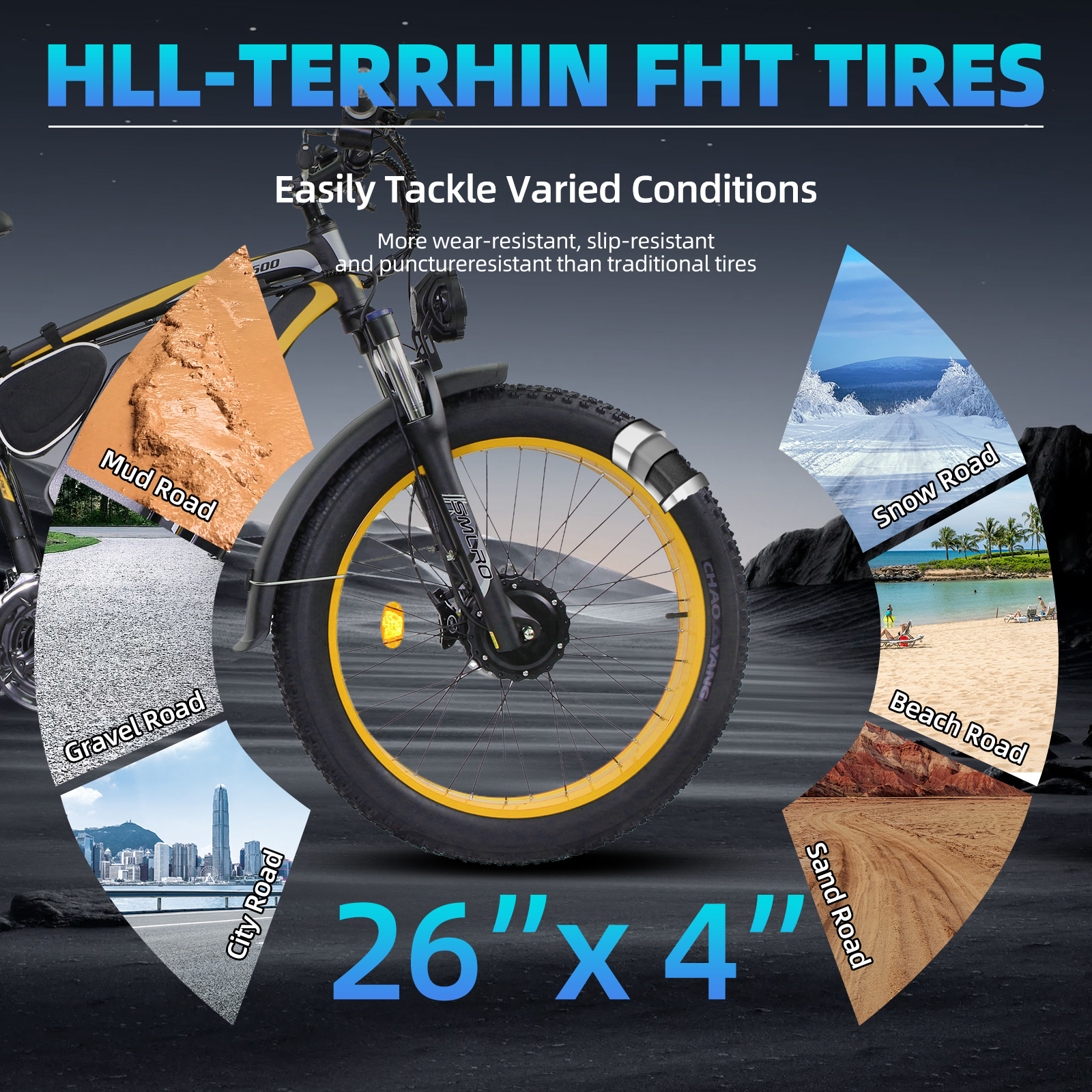 Electric Bike for Adults, 26x4.0 Fat Tire E-Mountain Bicycle, Peak 5000W Motor 52V-30Ah, Mountain Bike Beach Snow Ebike for Men, Yellow