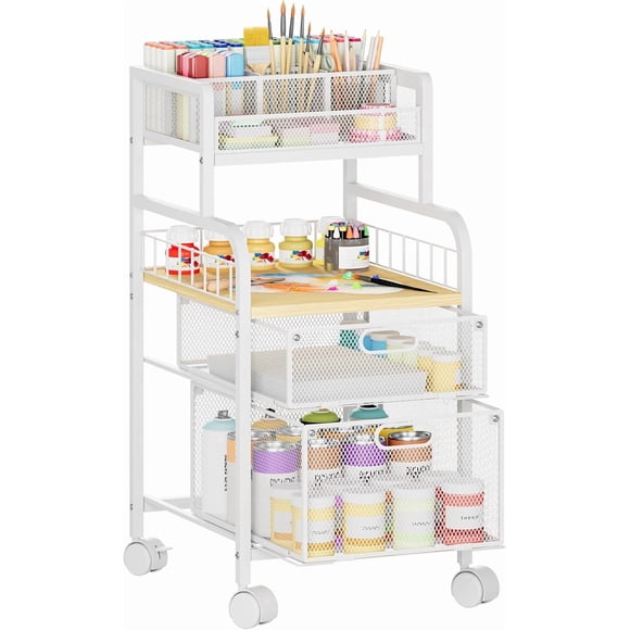 Rolling Cart with Drawers - Metal Utility Cart with Wood Shelf, DIY Divider and Locking Wheels, Craft & Art Cart Organizer for Under Storage Cart for Home Office Studio, White