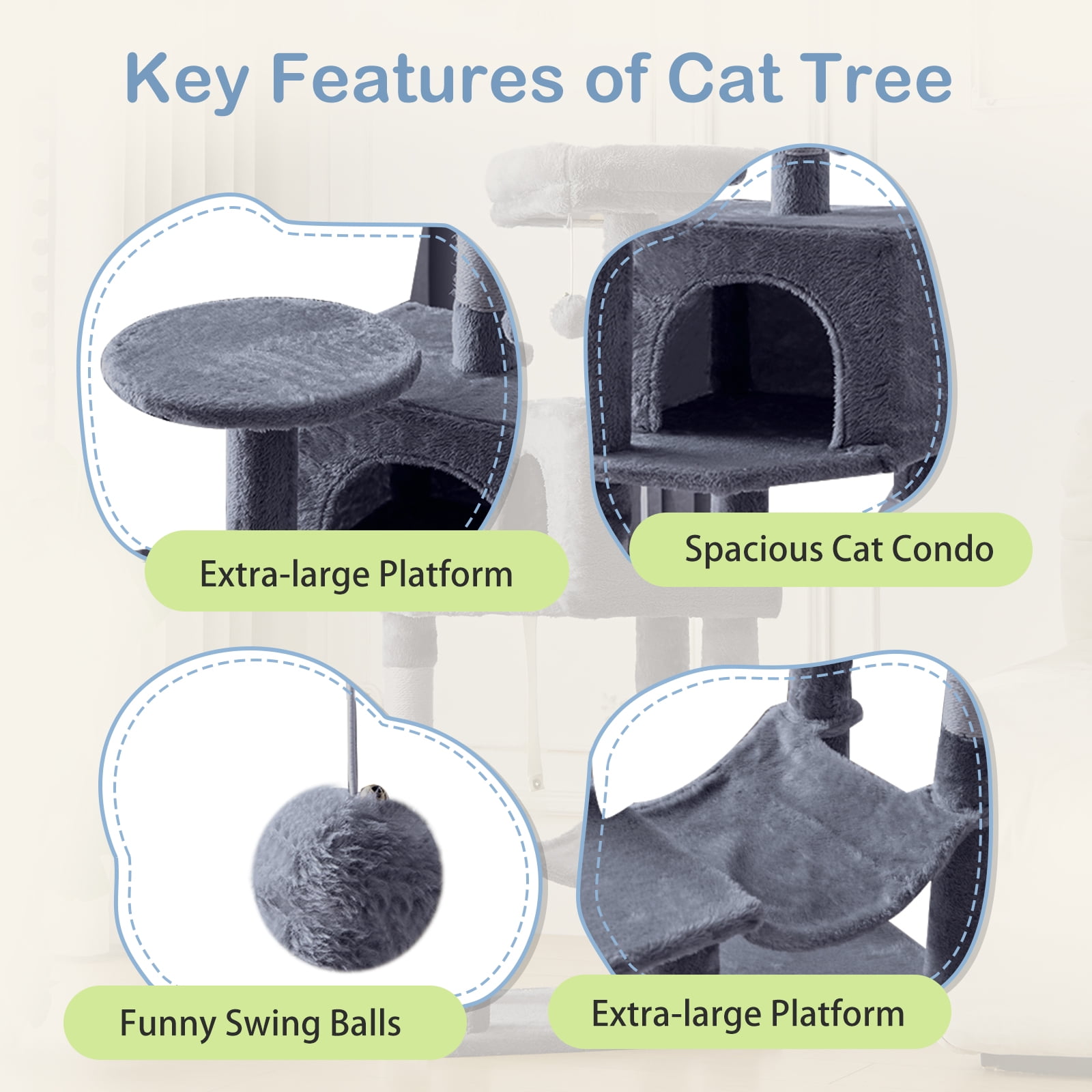 GIANNA 44-Inch Cat Tower with Large Condo, Climbing Ladder, and More Cat Stuff, Grey