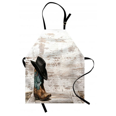 Aaron Photograph - Western Apron Traditional Rodeo Cowboy Hat and Cowgirl Boots Retro Grunge Background Art Photo, Unisex Kitchen Bib Apron with Adjustable Neck for Cooking Baking Gardening, Brown Black, by Ambesonne