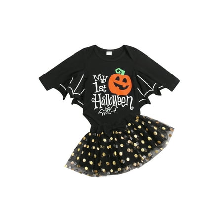 

Licupiee Baby Girl Halloween Skirts Set Black Bat Cloak Romper My 1st Halloween Bodysuit Mesh Tutu Skirt Outfits