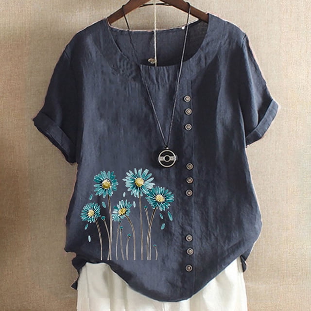 TopLLC Chemises Mexicaines pour Femmes Hauts Brodés Traditionnels Tunique Décontractée à Fleurs pour Femmes Col Rond Manches Courtes Chemises en Lin