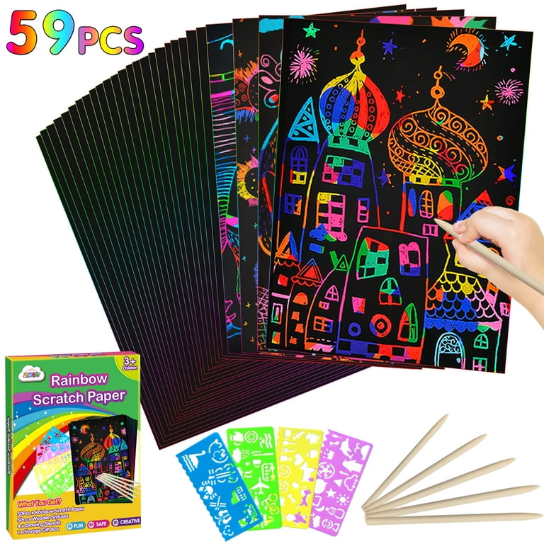 Labakihah 4pcs Magic Scratch Art Painting Paper with Wooden Drawing Stick Kid Adult DIY Oil Painting Scratch Painting, Size: 21