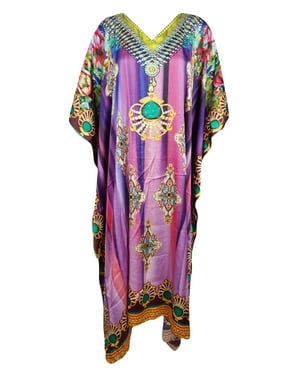 Mogul Women Pink Blue Long Kaftan Jewel Print Resort Wear Maternity Printed Cover Up Caftan Dress 4XL