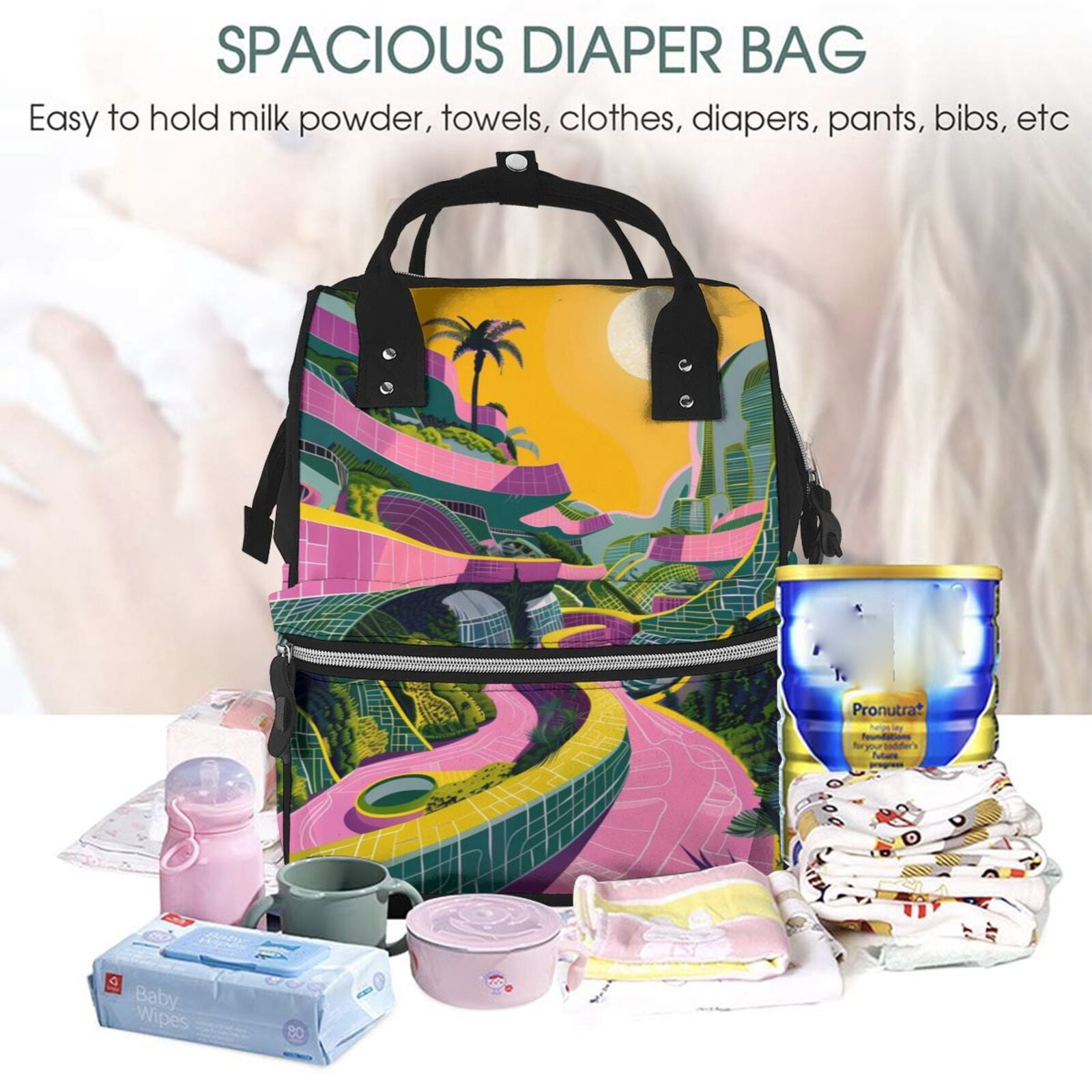 Fuzoiu Retro Futuristic Landscape Print Diaper Bag Backpack,Baby Essentials Travel Tote,Multi function Waterproof Diaper Bag, Travel Essentials Baby Bag - Unisex