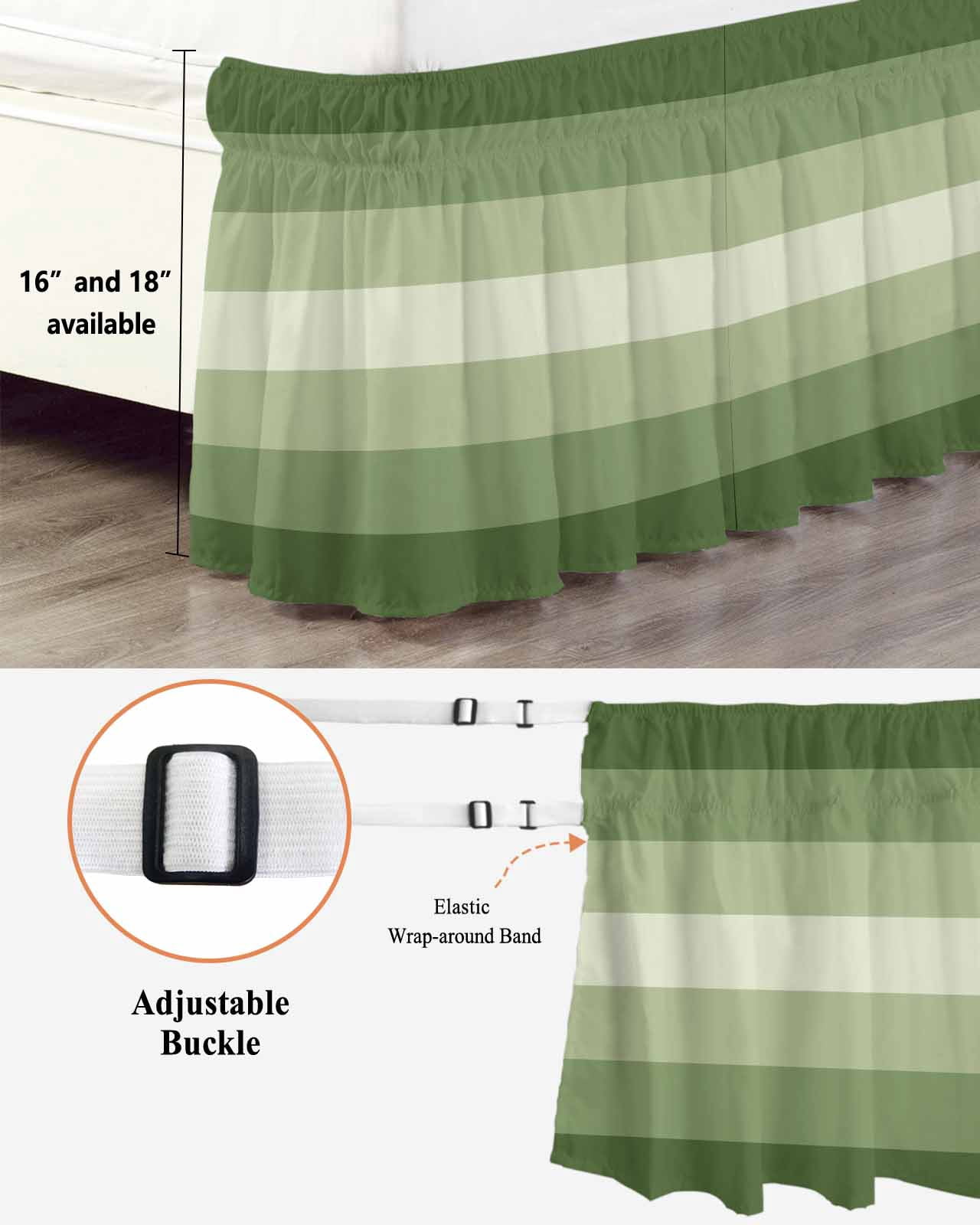 Sage Green Bed Skirt Queen Size 16" Drop Ombre Stripe Ruffled Wrap Around Bed Skirts Adjustable Elastic Bedskirt Dust Ruffle for Queen Size Bed