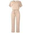 thumbnail image 4 of SDNall Formal Jumpsuits for Women Loose Batwing Short Sleeve Crewneck Rompers Long Pants Tie Waist Wide Legs Overall One Piece Outfits Rompers for Women Fall Jumpsuit for Women(S-2XL,Beige), 4 of 7
