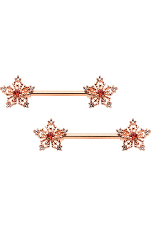 14G Womens Piercing Steel 2Pc Textured Snowflake Barbell Nipple Ring Set 9/16