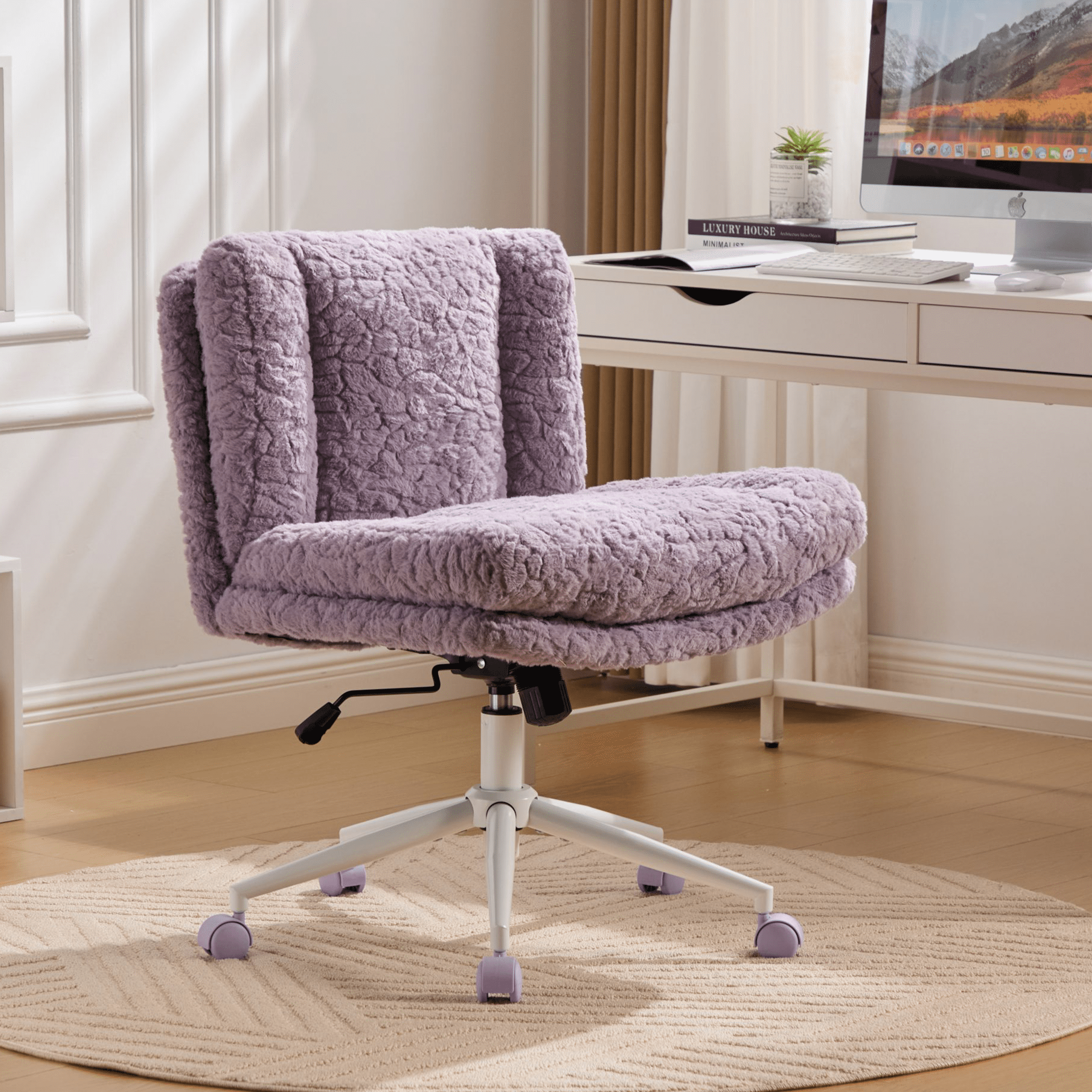 SESSLIFE 26.4 inch Wider Seat Office Chair, Artificial Rabbit Hair Home Office Chair with Metal Base, Adjustable Desk Chair Swivel Office Chair, Vanity Chair(Violet)