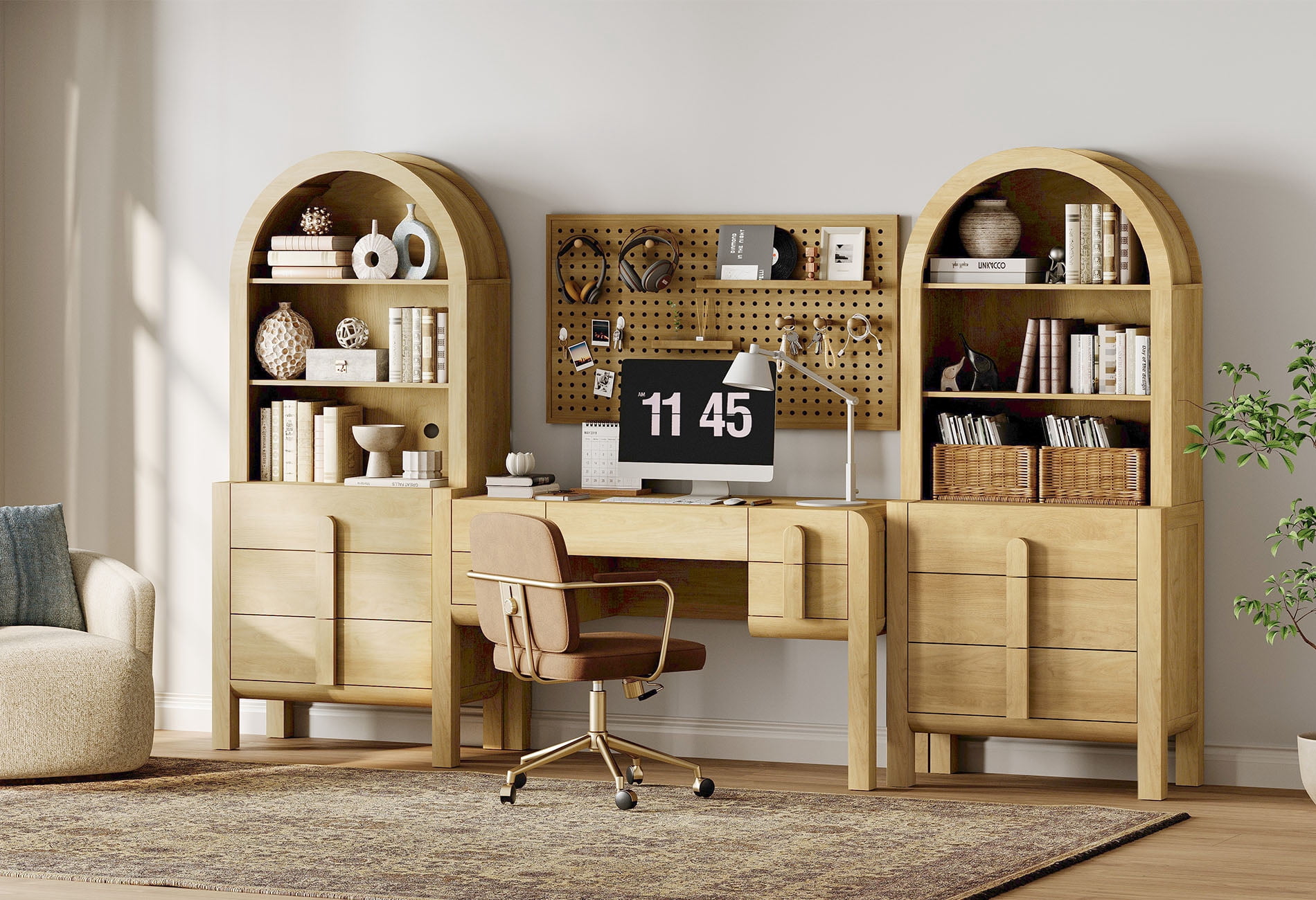 Home Office Set, 53.5" Modern Executive Desk with Charging Station and Drawers & 2 Piece 71"H Tall 3-Tier Arched Bookcases with Open Storage for Living Room, Bedroom, Home Office