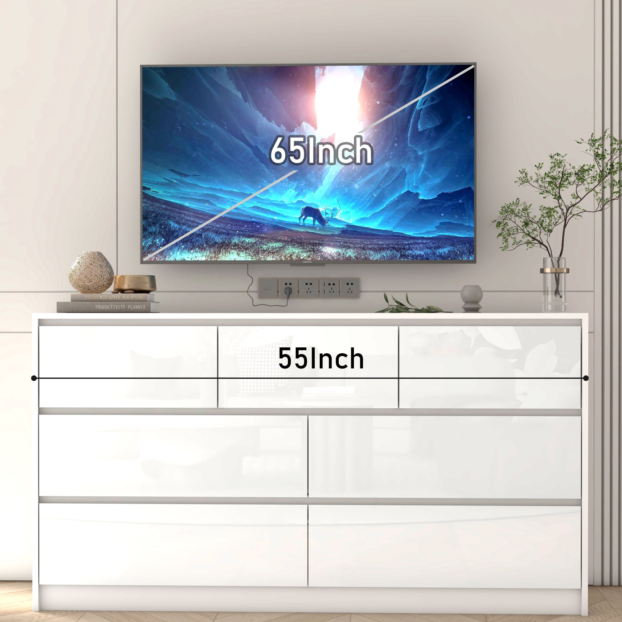 ChVans 7 Drawer Dresser for Bedroom, 55" Modern High Gloss White Dresser with Wood Chest of Drawer Handle Free, Long Dresser for Bedroom, Living Room, Entryway, Hallway
