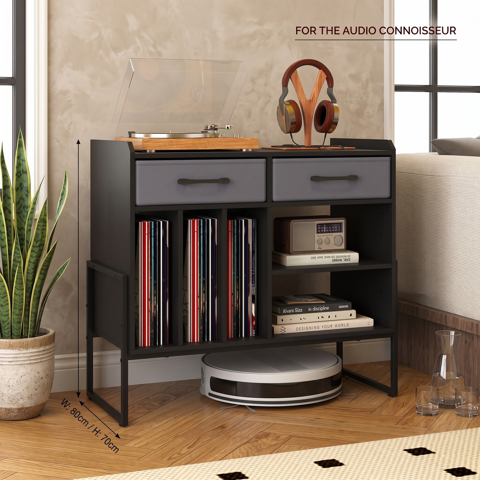 Furnibear Record Player Stand with Charging Station, Mid Century Modern Vinyl Storage Cabinet with USB and Type-C Ports, 2 Fabric Drawers and Adjustable Shelf, Black
