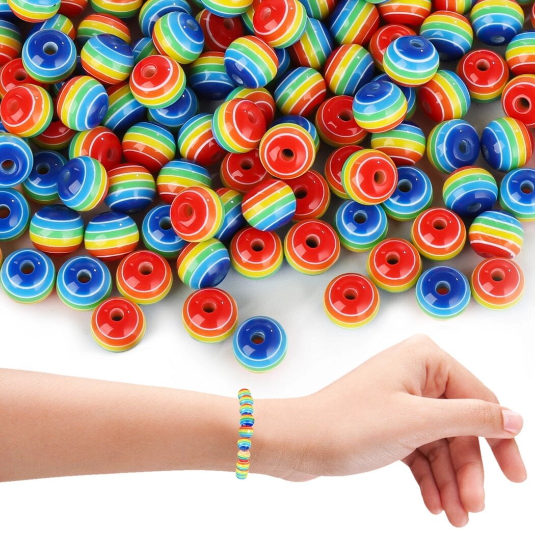 400 Pcs Rainbow Striped Beads, Round Resin Gay Pride