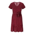 thumbnail image 6 of Xixinqiwan Sundresses for Women 2025 Plus Size,Women's Striped Printed V-Neck Short Sleeve Back Button Tie Waist Ruffle Dress Red M, 6 of 8