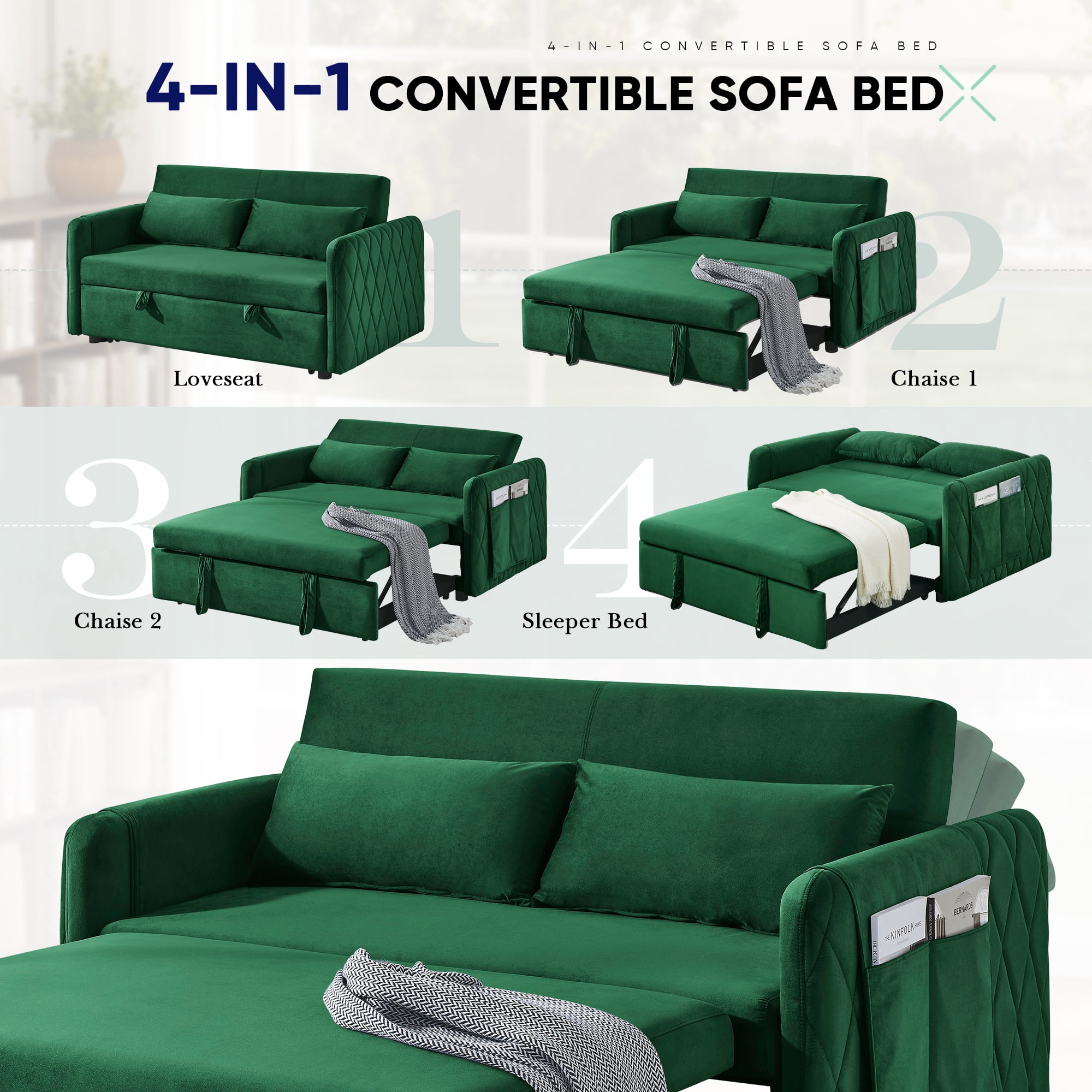 Lunale Convertible Futon Sofa Bed for Living Room, Modern Upholstered Loveseat Sleeper in Green