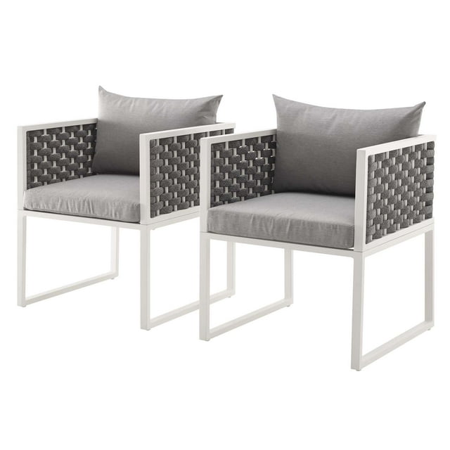 Modern Contemporary Urban Outdoor Patio Balcony Garden Furniture Side Dining Chair Armchair, Set of Two, Fabric Aluminium, White Grey Gray