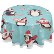 SKYSONIC Round Tablecloth 60In,Christmas Penguin Table Cover Water Resistant Spill Proof Large Table Cover for Indoor & Outdoor Family Gathering Dinner, BBQ Christmas Decoration124