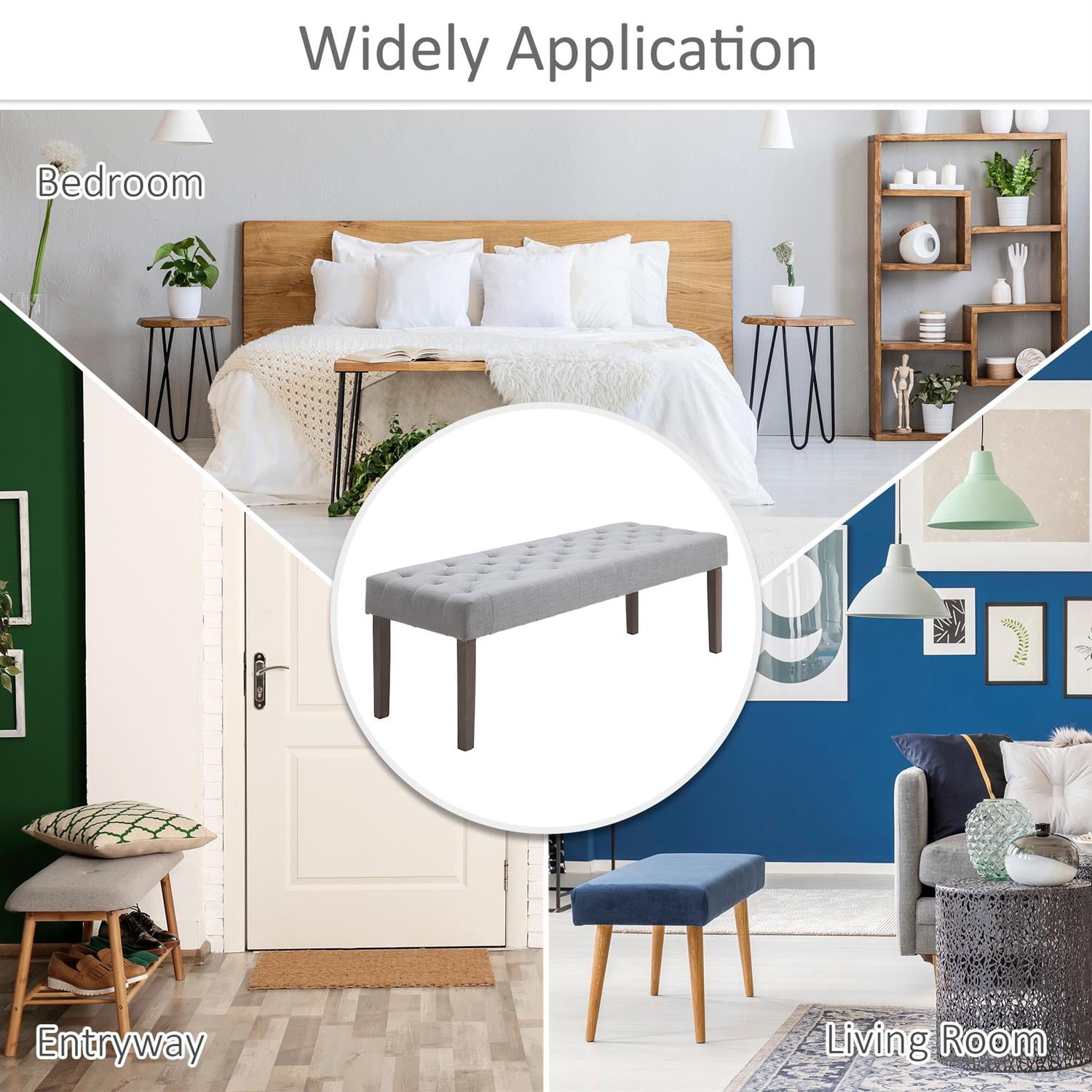 Demi Bonn 52" Upholstered Ottoman Bench with Modern Design for Living Room, Bedroom, Fashionable Tufted Style, Gray