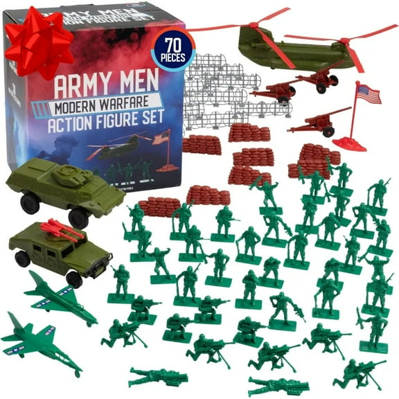 Army Men Modern Warfare Action Figures- Large 70pc Set- Military Toy World War II Soldiers Playset with Weapons, Gear, & Accessories, Combat & Army Toys for Boys- Great for Playtime, Dioramas, Gifts