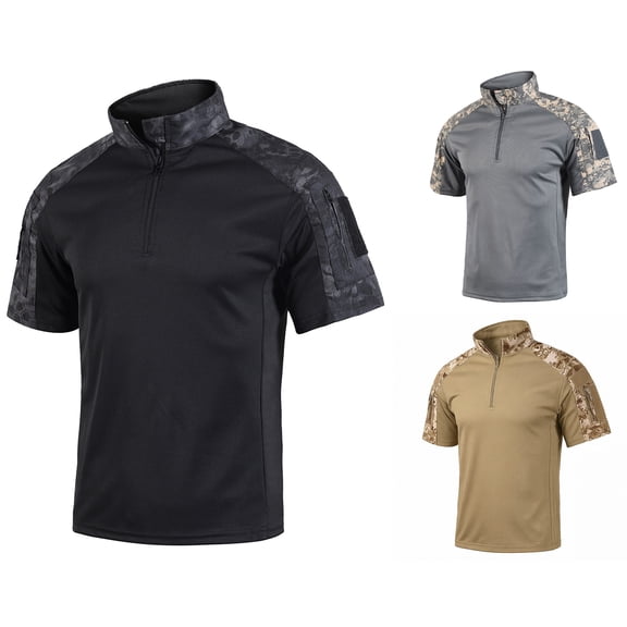 LTTVQM Polo Shirts for Men Camo Short Sleeve 1/4 Zipper Outdoor Workout Collared Shirts Quick Dry Golf Shirt Black L