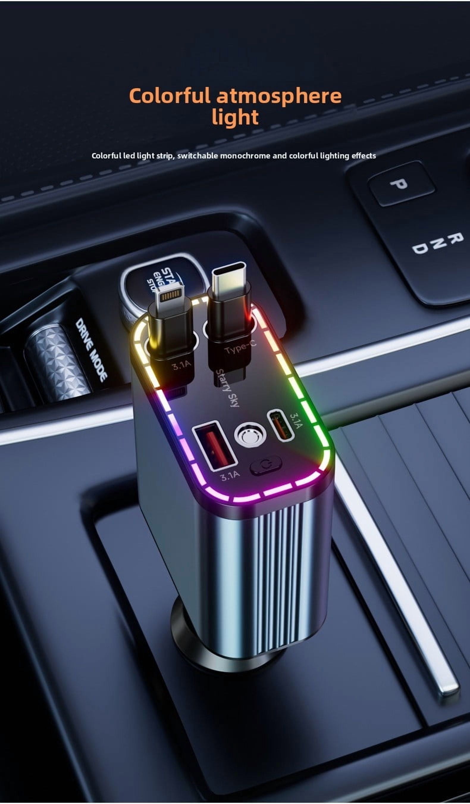 152W USB C Fast Car Charger with PD Quick Charge, 4 Port Cigarette Lighter Car Charger with Dual Retractable Cables and LED Ambient Light, for iPhone and Android