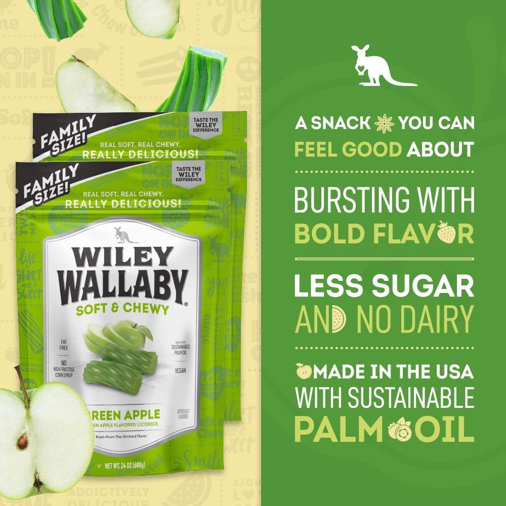Wiley Wallaby Licorice 24 Ounce Classic Gourmet Soft & Chewy Australian Green Apple Licorice Candy Twists, 2 Pack
