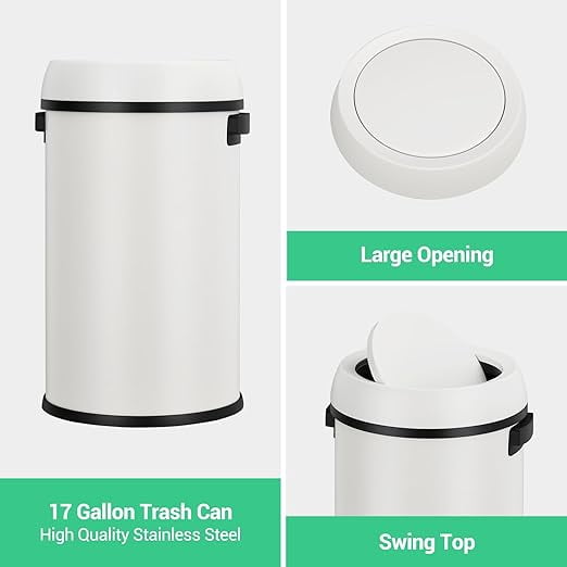 Basics Round Stainless Steel Trash Can with Swing lid, Large Kitchen Round Can - 65 Litre/ 17.2 Gallon, Silver, Black,White