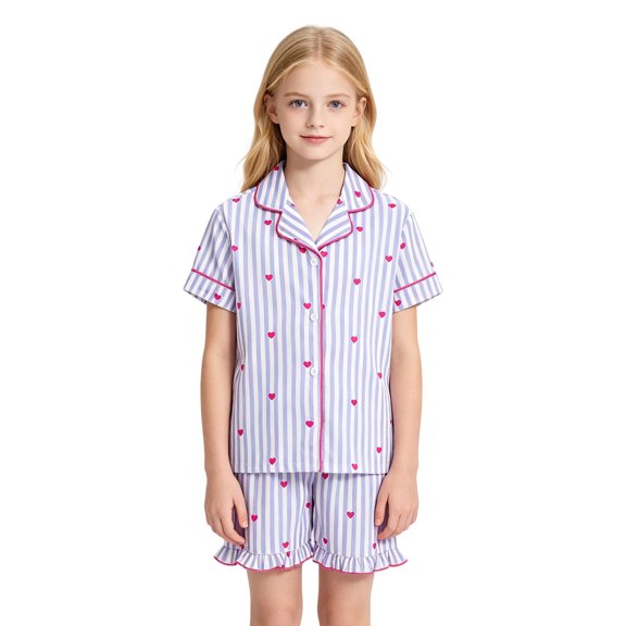 SJLDQY Girls Pajama Sets Button Down Short Sleeve Shirts and Ruffle Shorts 2 Piece Pjs Sets Casual Sleepwear Cute Loungewear Sets for Girls
