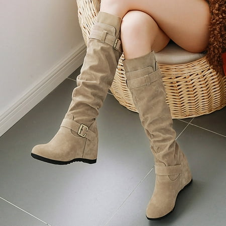 

YOTAMI Women s Boots Fashion 2022 Women s Warm And Comfortable Suede Belt Buckle All Match Inner Heightening Boots Beige