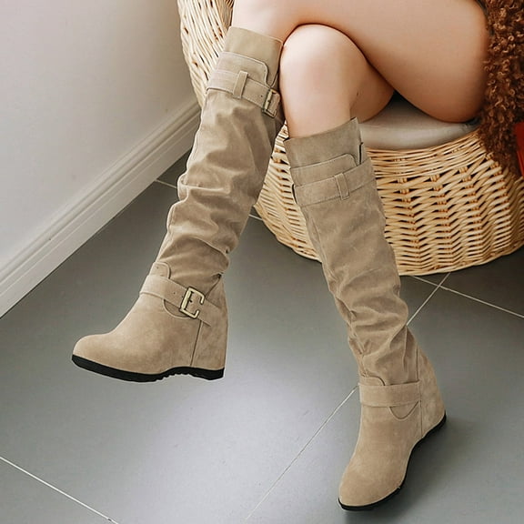 OKBOP Womens Heeled Knee-High Boots-Suede Christmas Girls Boots Size 12 Causal Winter Boots for Women Clearance Beige