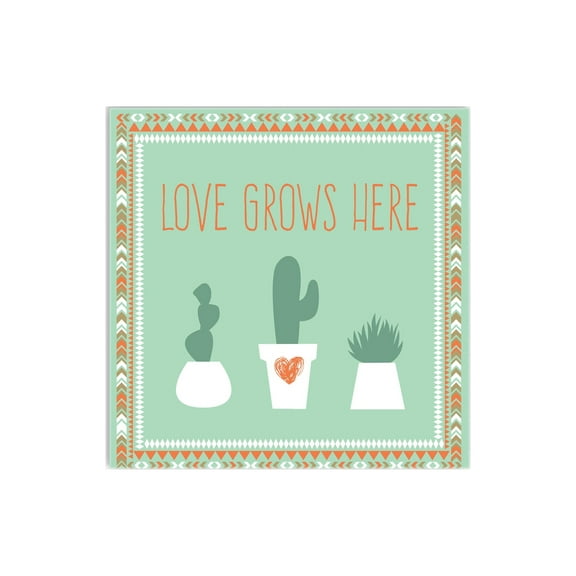 Love Grows Here Cactus Green Heart 12 x 12 Wood Wall Sign Plaque