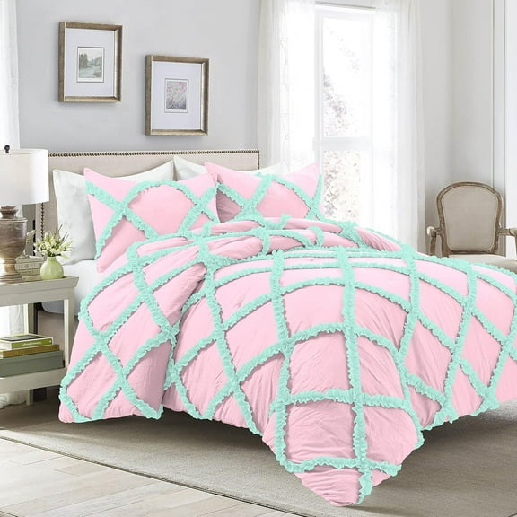 5 Piece Luxury Two Tone Diamond Ruffle Pattern Comforter Set Super Soft, All Season 800 Thread Count, 100% Egyptian Cotton, Full/Queen Size Light Pink-Aqua Blue Color