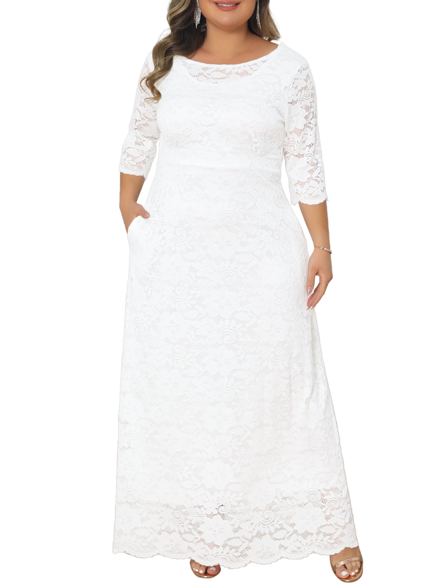 DARING DIVA Women's Plus Scoop Neck 3/4 Sleeves Floral Lace Dresses 5X White