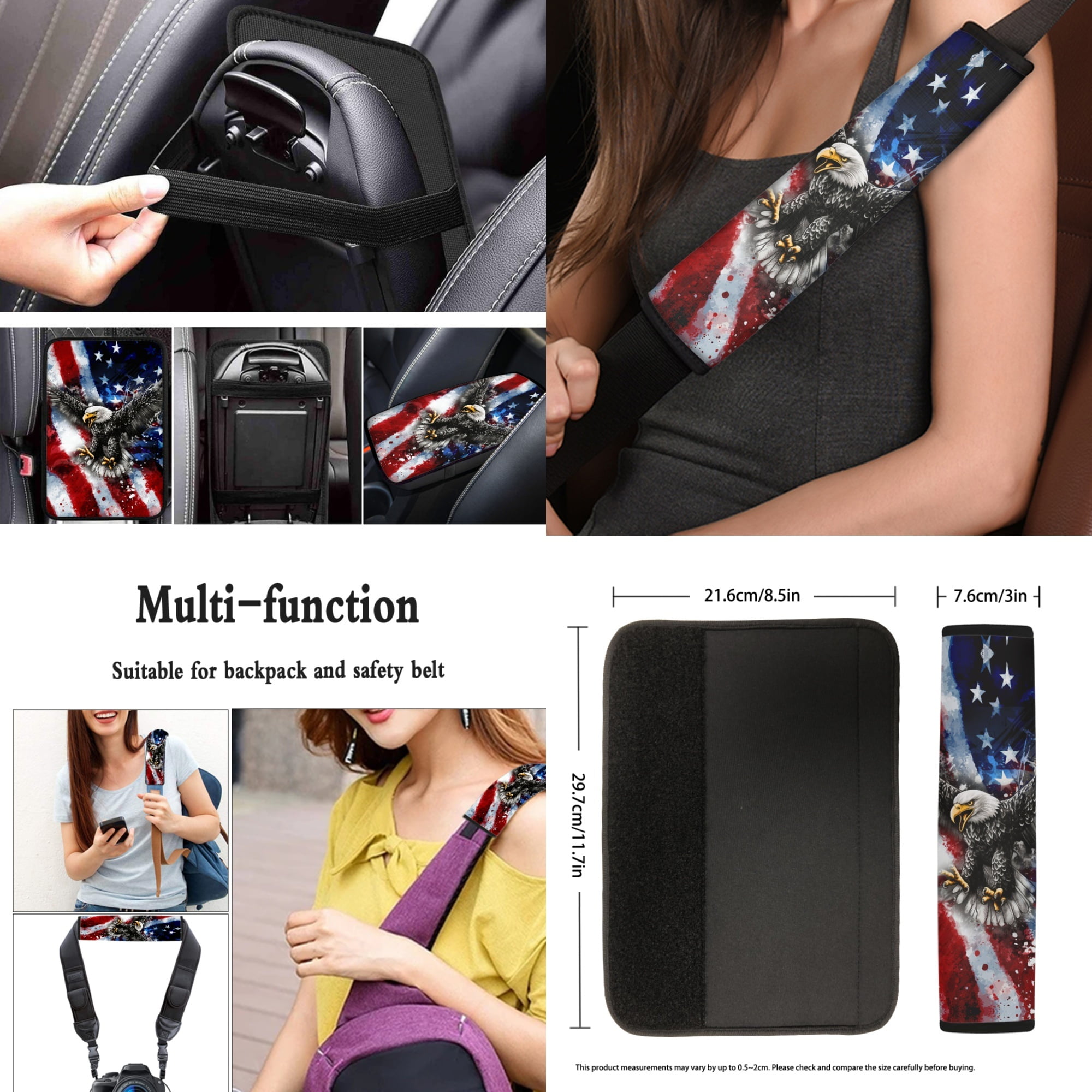 Jeiento Eagle Car Seat Covers Full Set Auto Interior Accessories 13 Pcs American Flag Car Accessories with Steering Wheel Cover, Seat Belt Pads, Armrest Cover, Keychains, Lipstick Holder