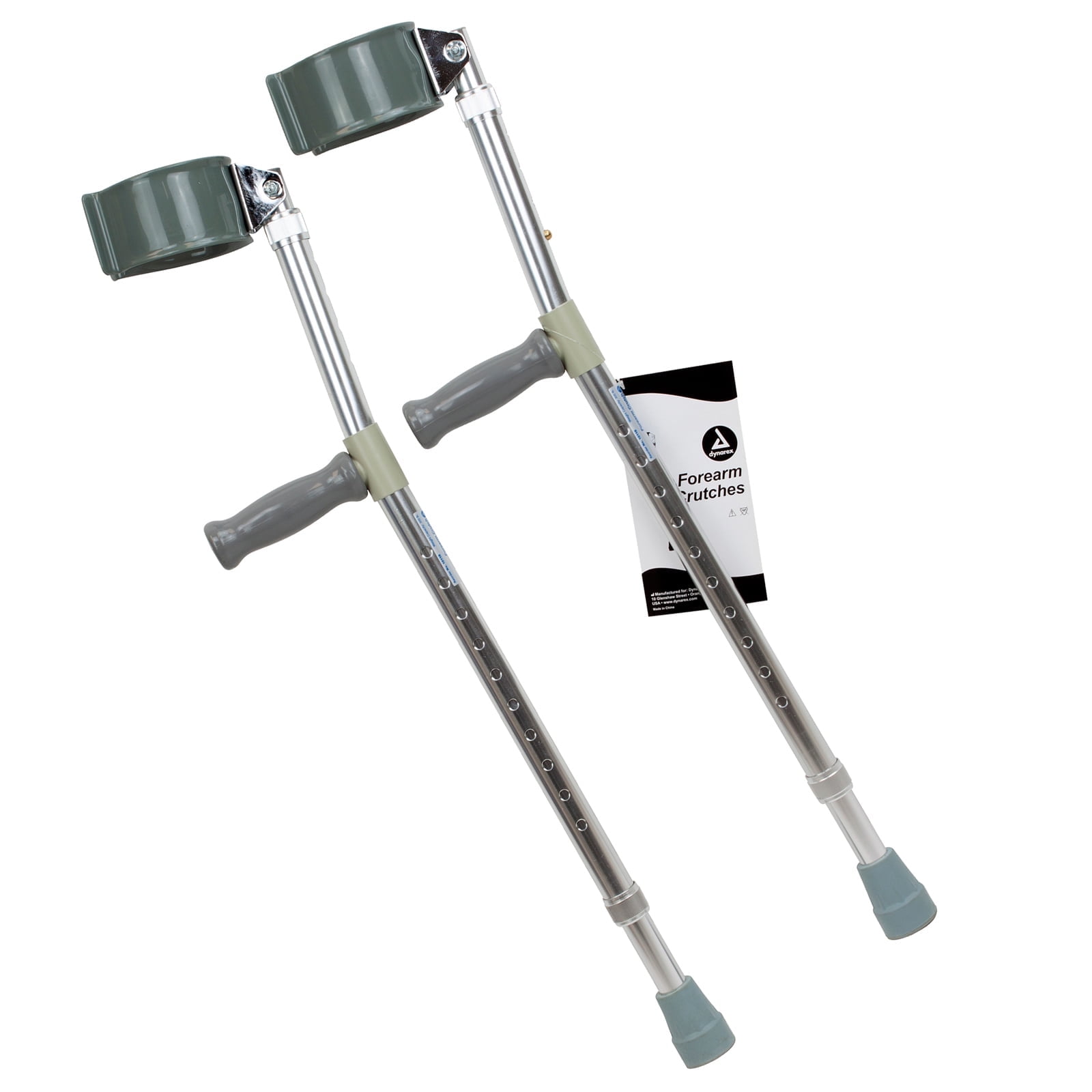 Dynarex Forearm Crutches - Adult, Push-Button Height Adjustment for Arm and Leg Height, Comfortable Hand Grips and Molded Arm Cuff, 300 Pound Weight Capacity, Grey, 1 Pair