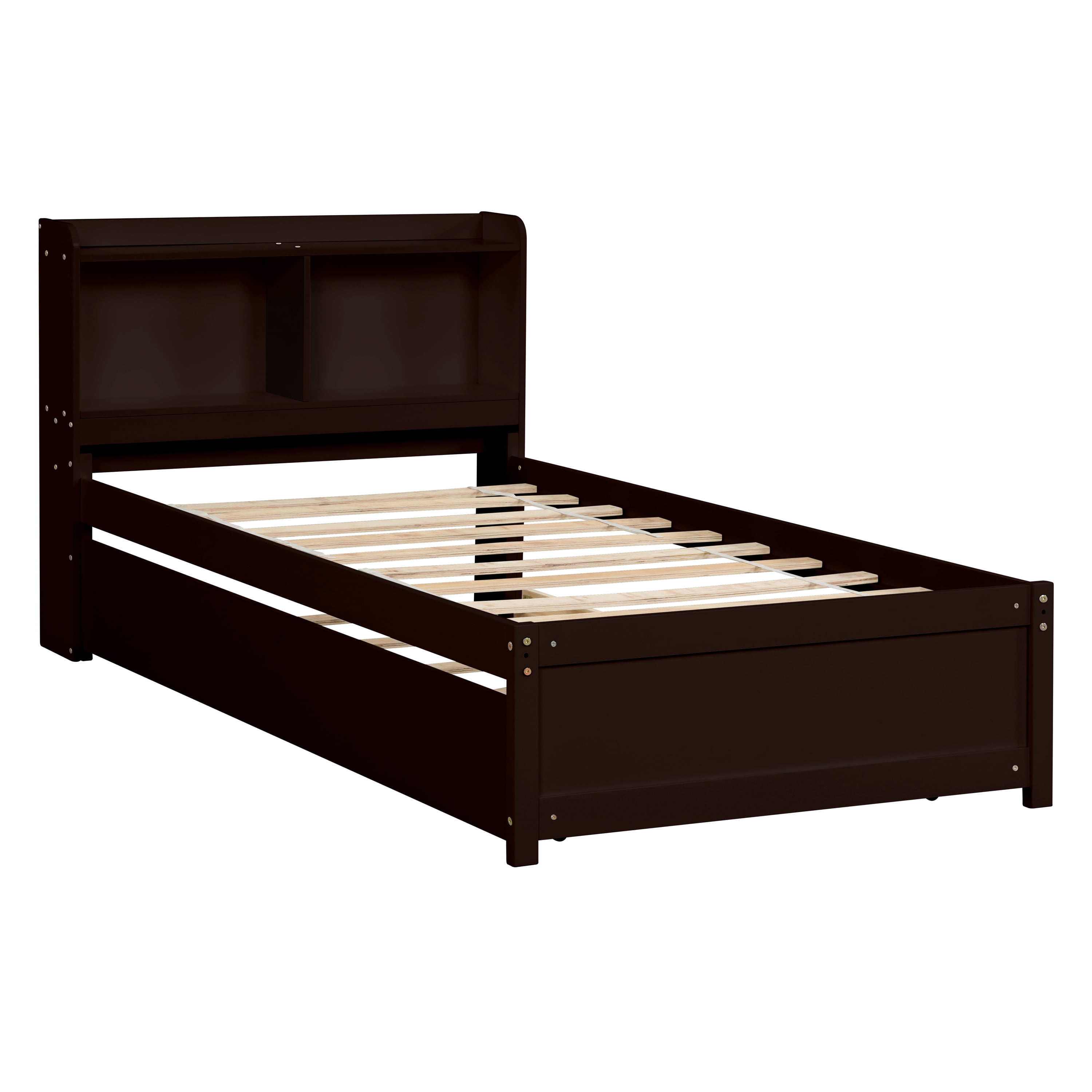 Hommoo Kids Pine Wood Twin Size Platform Bed Frame with Trundle and Bookcase,Black